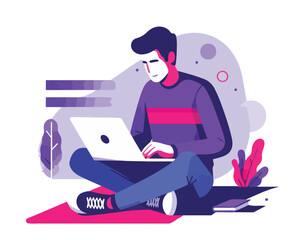 A young man sitting on the floor and working on a laptop in flat vector illustration