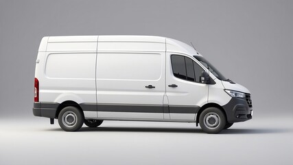 Clean blank white delivery van isolated on empty background, side view of plain car cargo carrier with large space for design, transportation logistics mockup