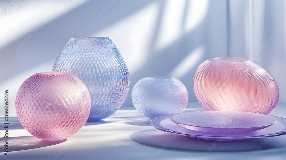Poster minimalist abstract composition of frosted glass balls and plates floating in soft blue background