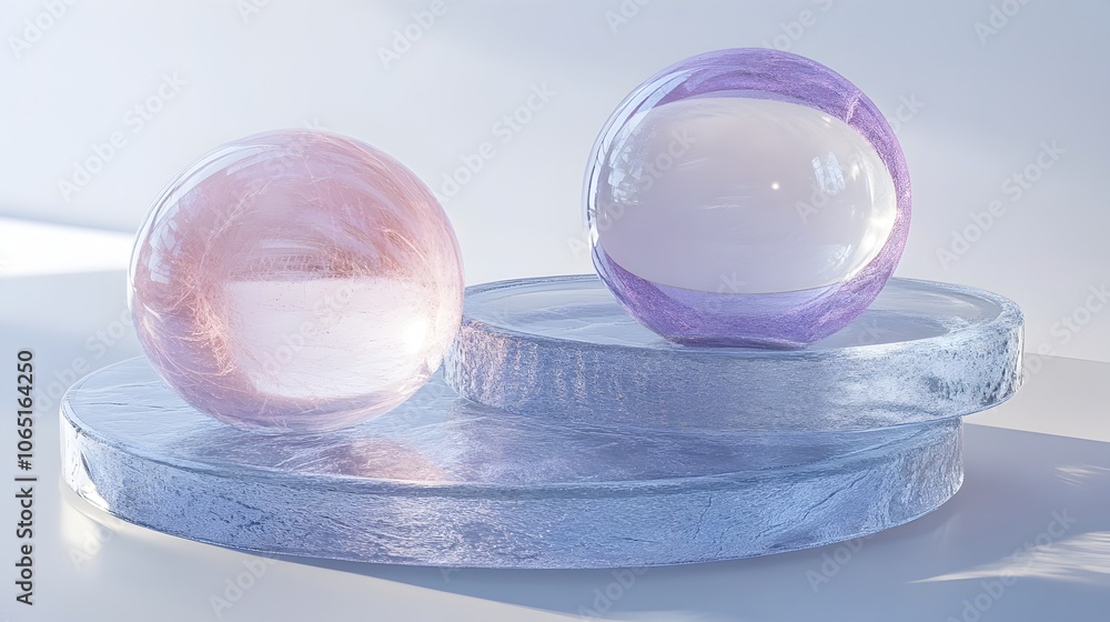 Poster minimalist abstract composition of overlapping frosted glass balls and plates in floating air on