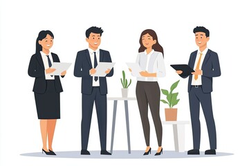 Obraz premium Four business people discussing work. This image can be used to represent teamwork, collaboration, and success in a professional setting.