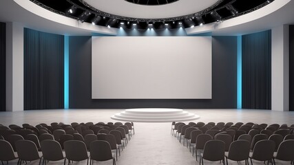Empty stage for event or business conference with big blank screen mockup. Screen aspect ratio is 16:9. Modern convention hall for presentation or concert template. Chair seats