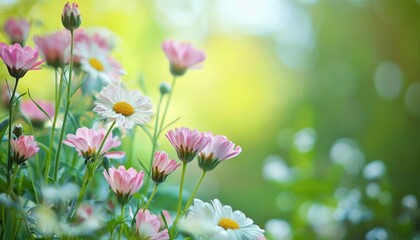 Obraz premium Pink and White Daisies in Bloom on Green Background, Copy Space