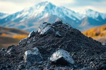 Black Rock Pile in Front of Snow-capped Mountains