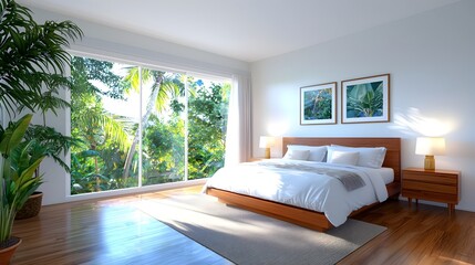 Fototapeta premium Elegant and Serene Modern Bedroom with Large Windows Allowing Natural Lighting to Highlight the Soft Textures and Minimalist Decor 3D Rendering