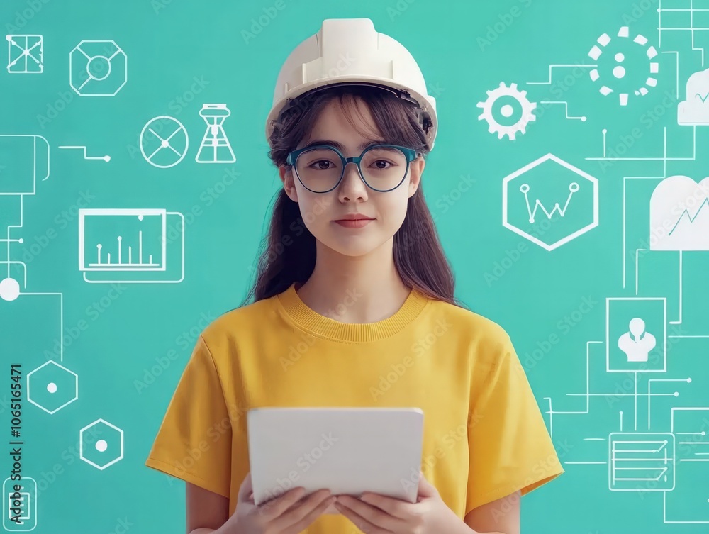 Poster engineer analyzes data with tablet in modern workspace