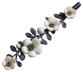 Elegant floral hair clip with white blossoms and black leaves