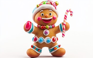 Fototapeta premium 3D Christmas gingerbread man character with icing decorations, smiling warmly and holding a small candy cane, vibrant colors on a white background --