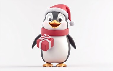 3D Christmas penguin character wearing a red Santa hat and scarf, standing with a small gift box in flippers, bright and cheerful on a white background -