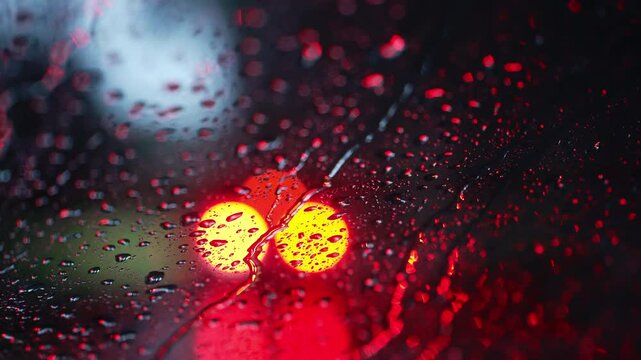 Gotas de lluvia en un cristal vistas desde dentro de un veh&iacute;culo, iluminadas por las luces traseras rojas de otro veh&iacute;culo en un bosque tropical al anochecer