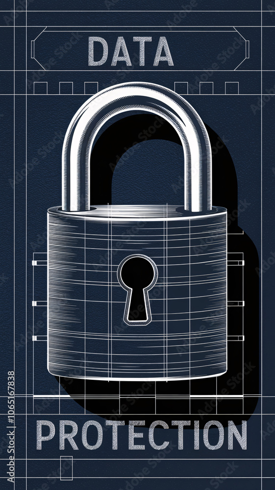 Aufkleber technical blueprint style data protection illustration with metallic padlock on dark background, emp