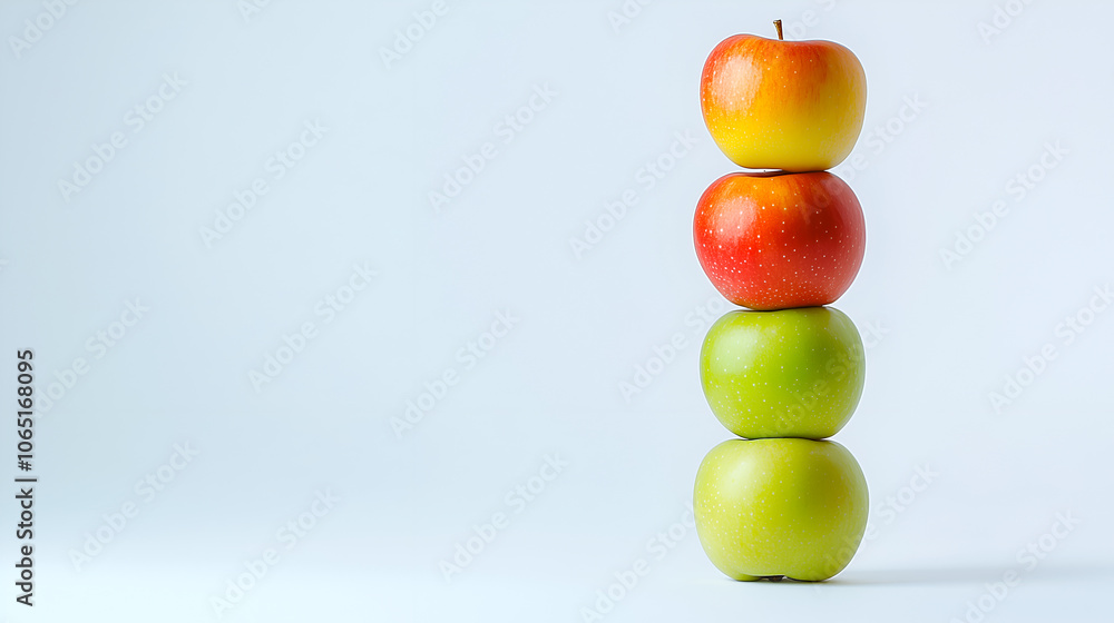Poster stacked apples in a minimalist setting with red and green apples against a light background