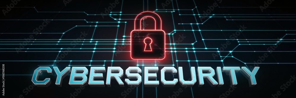 Aufkleber cybersecurity illustration with neon padlock and circuit board design on dark background, emphasizin