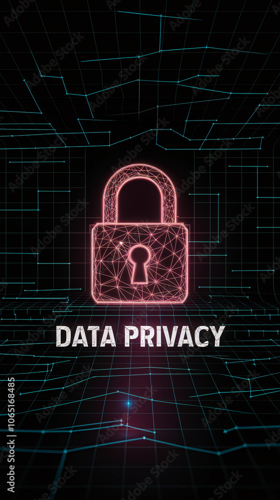 Aufkleber data privacy and security illustration with wireframe neon padlock on digital grid background, empha