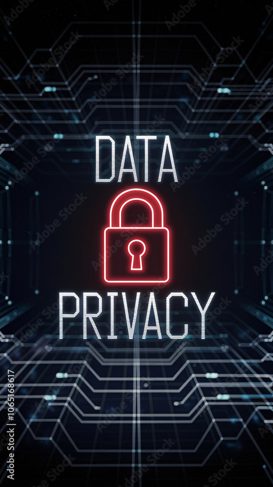 Poster data privacy concept with neon red padlock and futuristic circuit pattern on dark background, repres