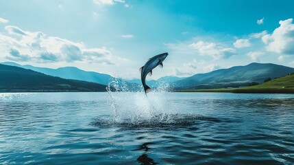 Obraz premium Graceful Dolphin Leaping from Turquoise Ocean Waves with Dramatic Mountainous Backdrop