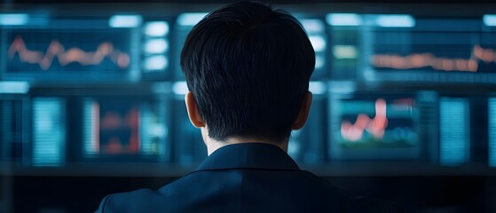 Executive viewing and analyzing futuristic digital dashboard displaying global business data financial analytics and economic trends for informed strategy and decision making