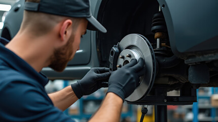 Mechanic Repairing Car Brake System in Professional Workshop