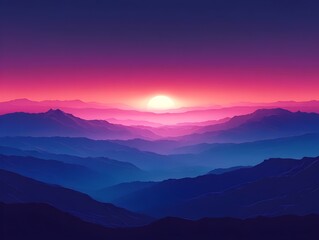 A breathtaking digital illustration of a sunset over a serene mountain range, showcasing vibrant hues of purple, pink, and orange in the sky, creating a tranquil atmosphere.
