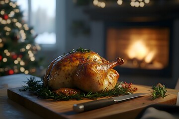 Golden roasted capon, chapon rôti, on a wooden board with rosemary and festive herbs, a knife beside it on a Christmas-decorated table. Cozy modern apartment with fireplace, tree, and snowy pine view