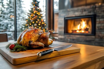 Golden roasted capon, chapon rôti, on a wooden board with rosemary and festive herbs, a knife beside it on a Christmas-decorated table. Cozy modern apartment with fireplace, tree, and snowy pine view