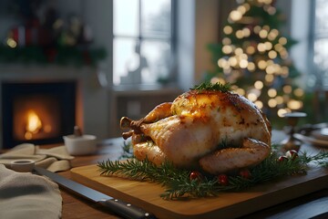 Golden roasted capon, chapon rôti, on a wooden board with rosemary and festive herbs, a knife...