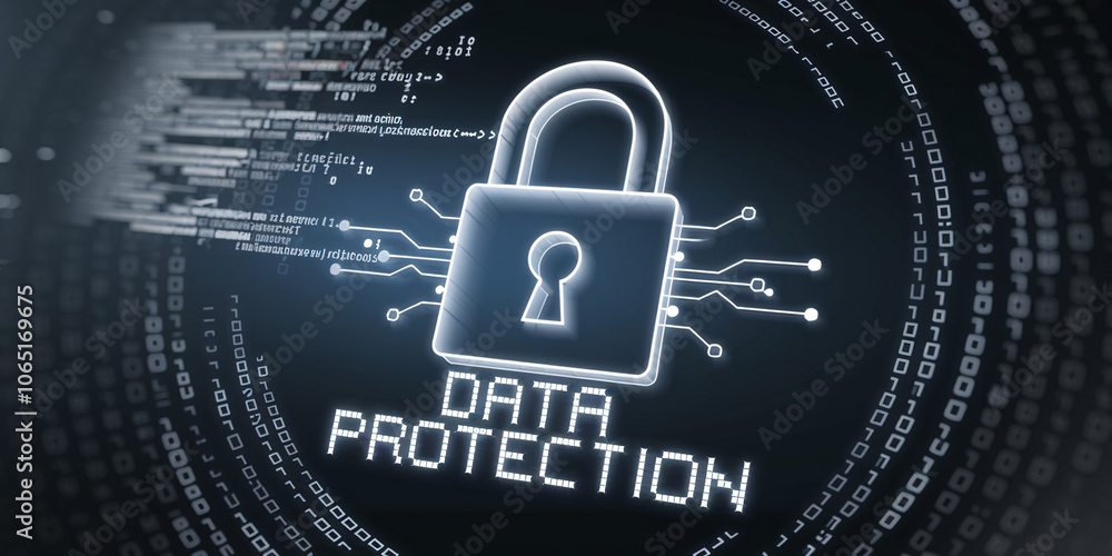 Poster digital data protection with illuminated padlock surrounded by binary code and circuit connections, 