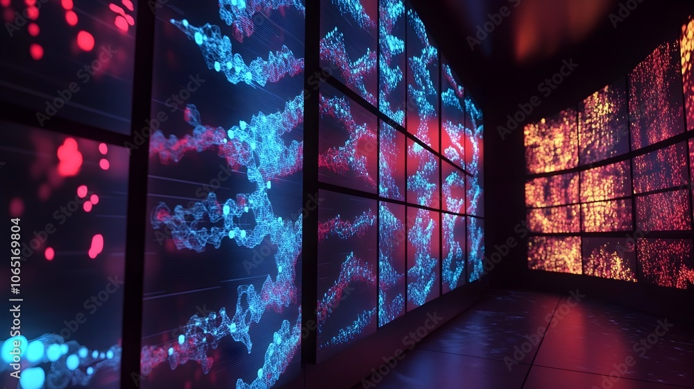 Poster futuristic protein fold patterns displayed on digital screens,alphafold bioinformatics visualization