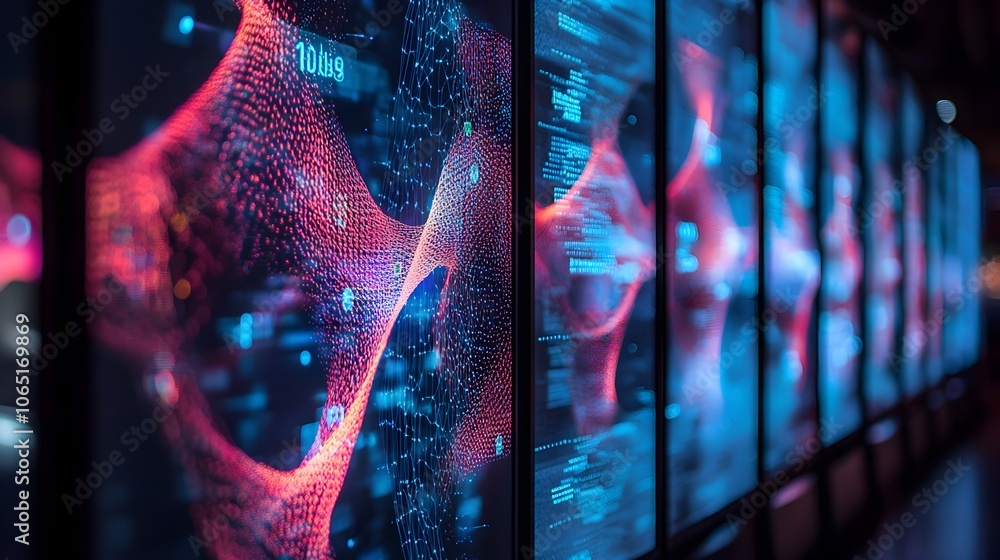 Poster futuristic protein fold patterns displayed on glowing digital screens in bioinformatics