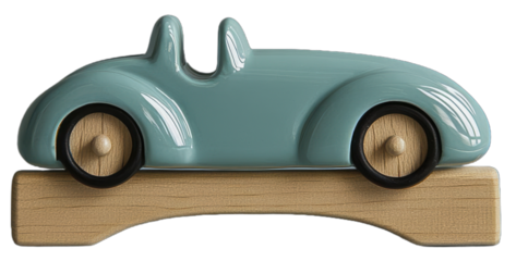 A classic blue toy car on a wooden platform