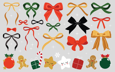 Vector illustration of christmas vintage bow set. Bows for hair decor. Trendy girls accessories. Cute hairstyle elements collection. Coquette, ribbons. Wedding invitation, party. New year decoration