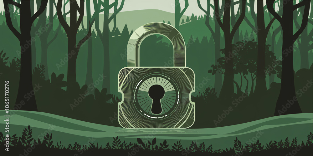 Aufkleber sustainable technology and data security concept with green circuit padlock against forest backgroun