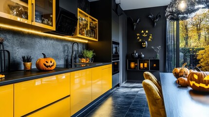 Modern Kitchen with Yellow Accents and Halloween Decor