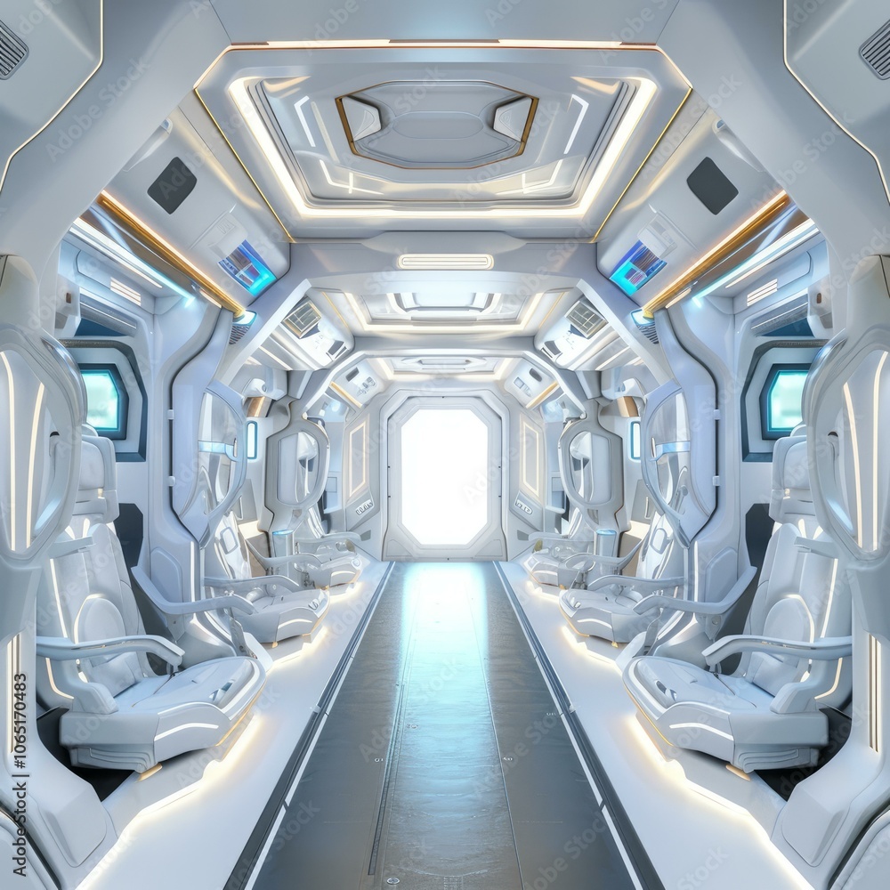 Aufkleber brightly lit futuristic spaceship interior corridor with rows of empty seats on each side leading to