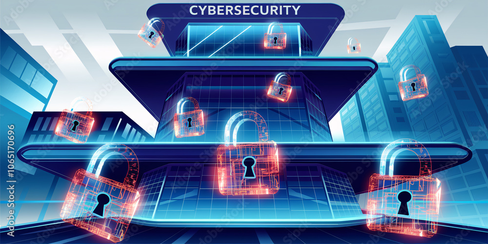 Poster 3d futuristic blue data protection with holographic locks floating around centralized server hub for