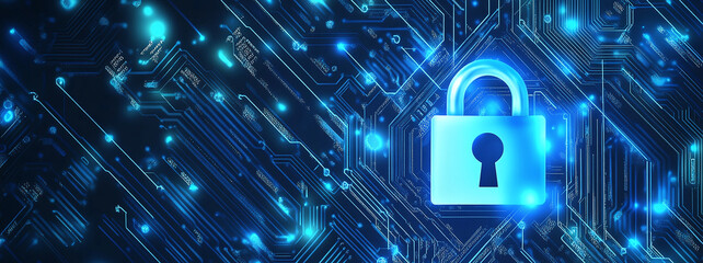 Digital padlock icon on glowing circuit board background, symbolizing cybersecurity, encryption, and data protection in technology