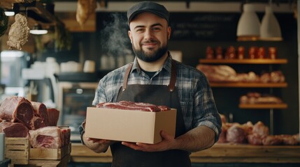 A butcher showcases a packaged meat product in a welcoming deli filled with fresh meats