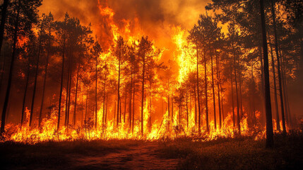 Intense Wildfire Consuming Forest Landscape
