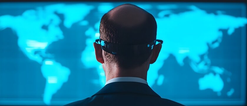 Executive in a modern corporate office analyzing digital financial projections holographic screens displaying economic growth trends and international business connections on a world map