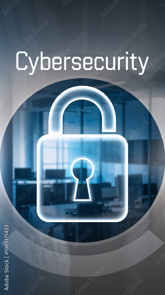 Poster cybersecurity padlock overlay in modern workspace symbolizing data privacy and secure it infrastruct