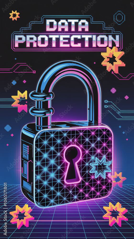 Poster retro neon padlock in cyber grid design with 