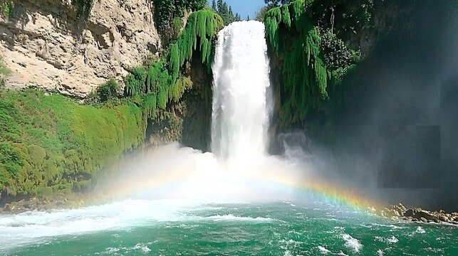 Majestic Waterfall : Mountain river. A thundering waterfall cascades down moss-covered cliffs. Rainbows dance in the spray, and the sheer force of nature is awe-inspiring. The copy space lets 