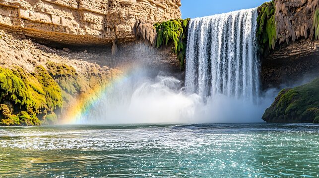 Majestic Waterfall : Mountain river. A thundering waterfall cascades down moss-covered cliffs. Rainbows dance in the spray, and the sheer force of nature is awe-inspiring. The copy space lets 