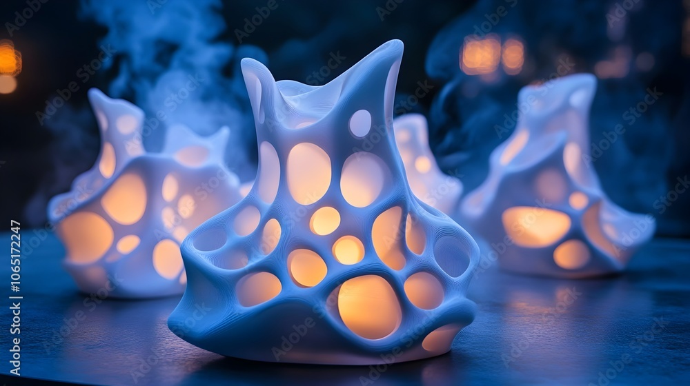 Poster captivating 3d protein shapes illuminated with dynamic lighting in futuristic bio-visualization