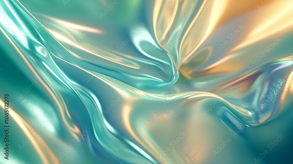 Aufkleber abstract iridescent flowing fabric texture with teal and gold colors creating a smooth silk-like eff