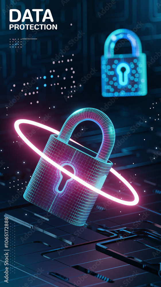 Poster digital padlock with neon orbit in futuristic data protection setting, symbolizing cybersecurity and
