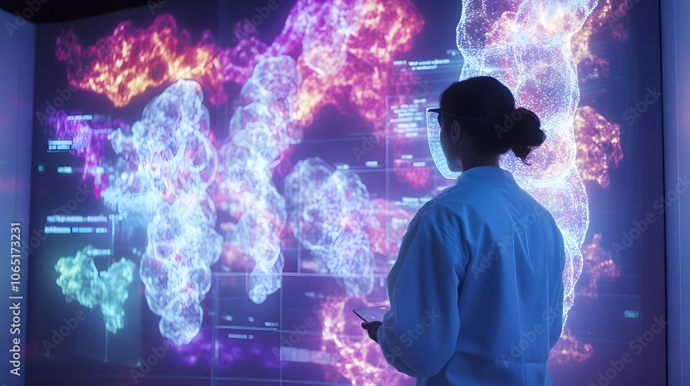 Aufkleber scientist exploring holographic protein visuals with alphafold ai-powered biological analysis
