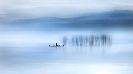 Morning Mist on the Lake : Kayak. At dawn, mist hangs low over a tranquil lake. A kayaker emerges from the haze, paddle slicing through glassy water. The copy space whispers of serenity and 