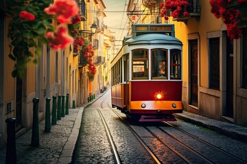 Naklejka premium Red tram ascends cobblestone street in Lisbon.