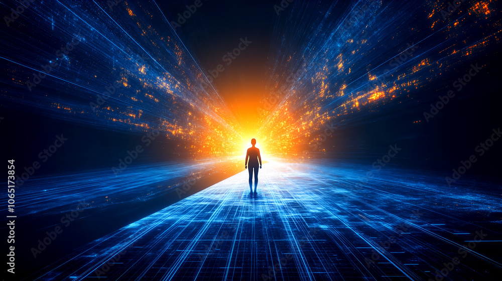 Aufkleber person walking into digital light portal representing concept of technology advancement and data int